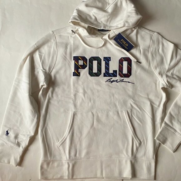 Polo Ralph Lauren Striped Logo Pony Fleece Pullover Hoodie Sweatshirt White